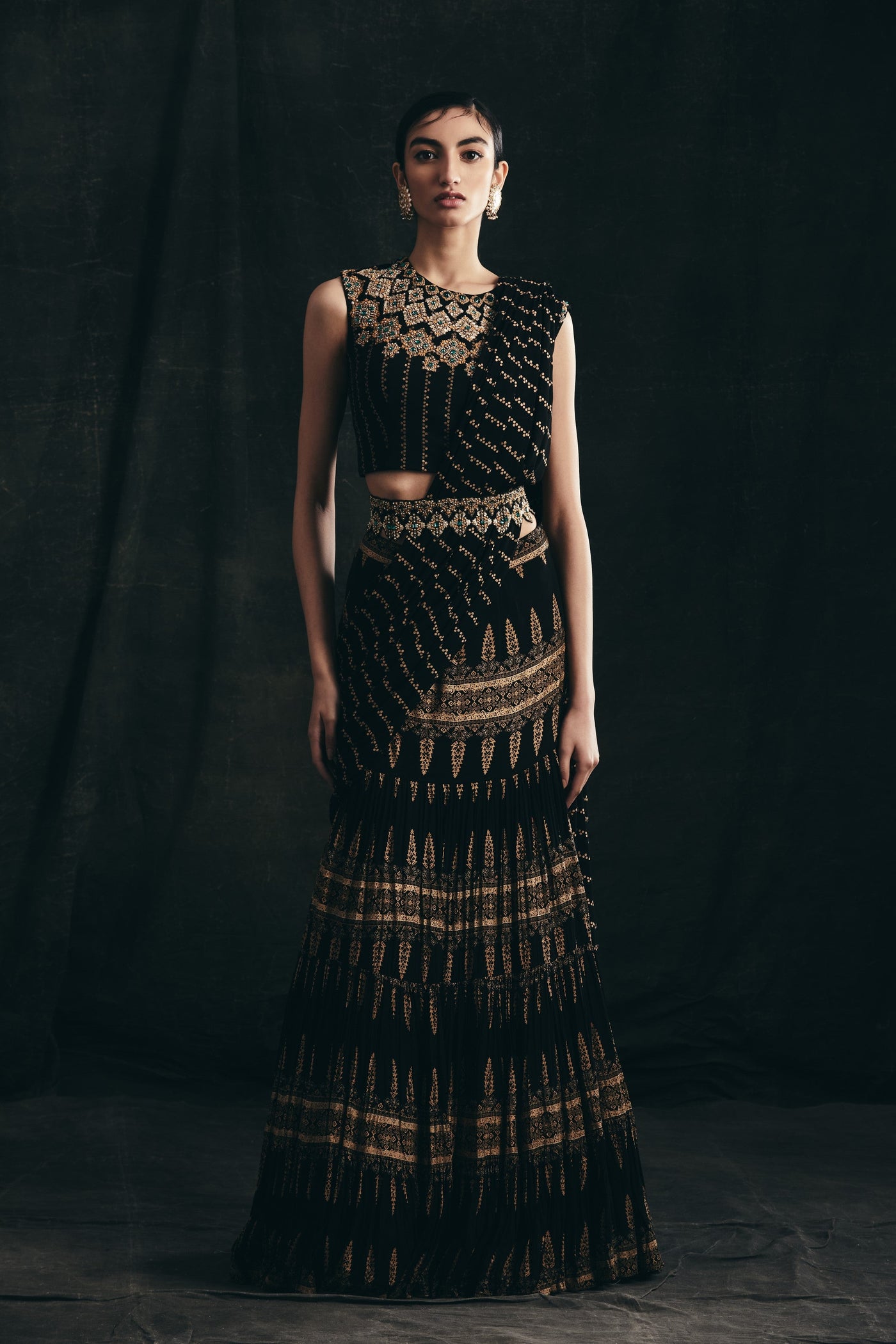 Black Persian Print Belted Saree