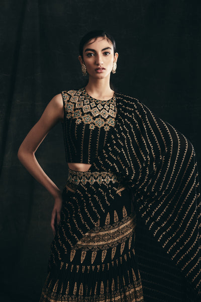 Black Persian Print Belted Saree