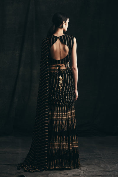 Black Persian Print Belted Saree