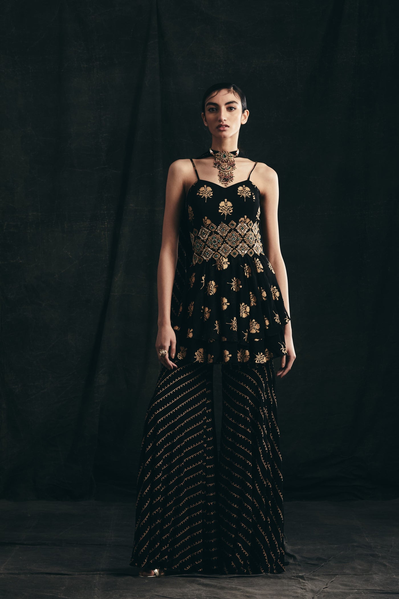 Black Flower Print Peplum & Pants Set