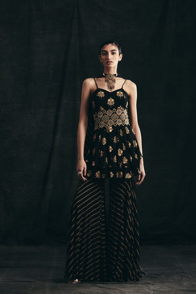 Black Flower Print Peplum & Pants Set