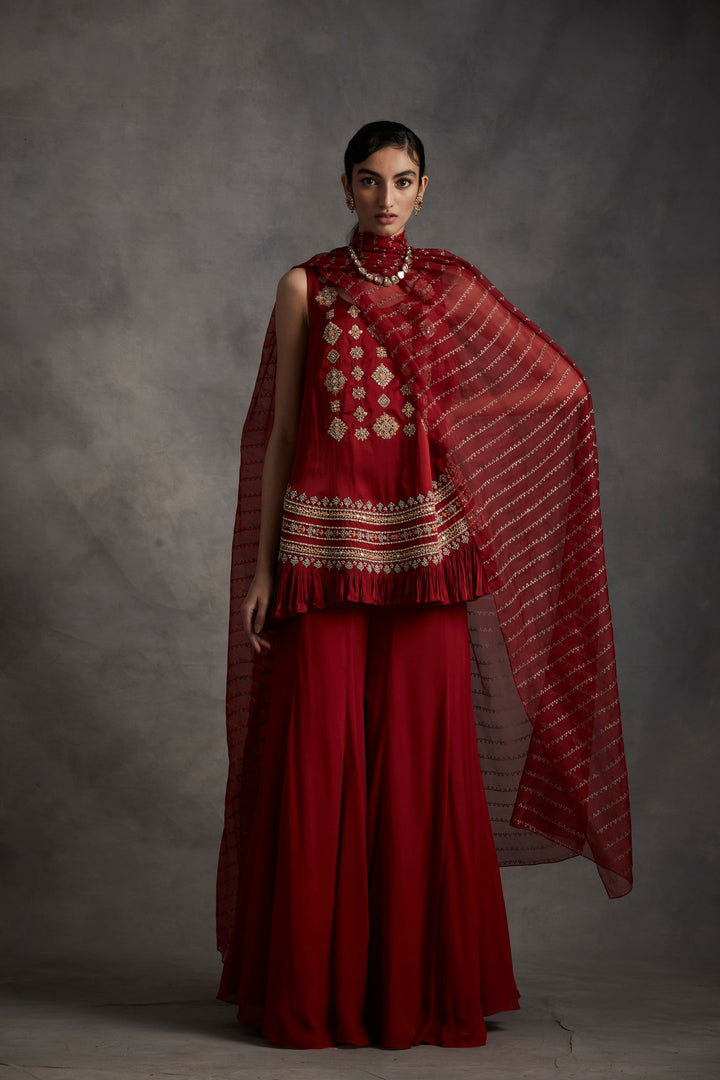 Red Embroidered Frill Kurta & Pants