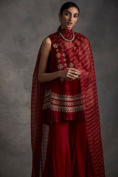 Red Embroidered Frill Kurta & Pants