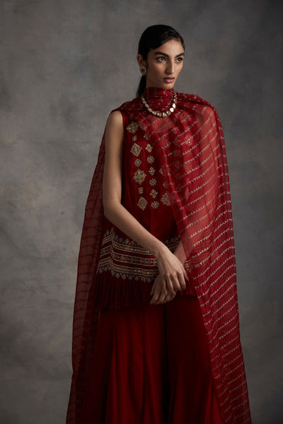 Red Embroidered Frill Kurta & Pants