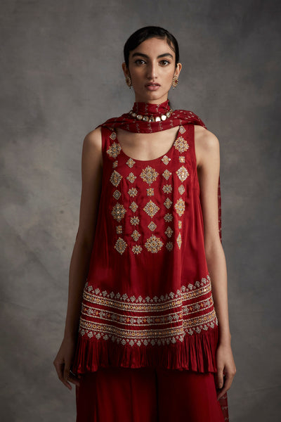 Red Embroidered Frill Kurta & Pants