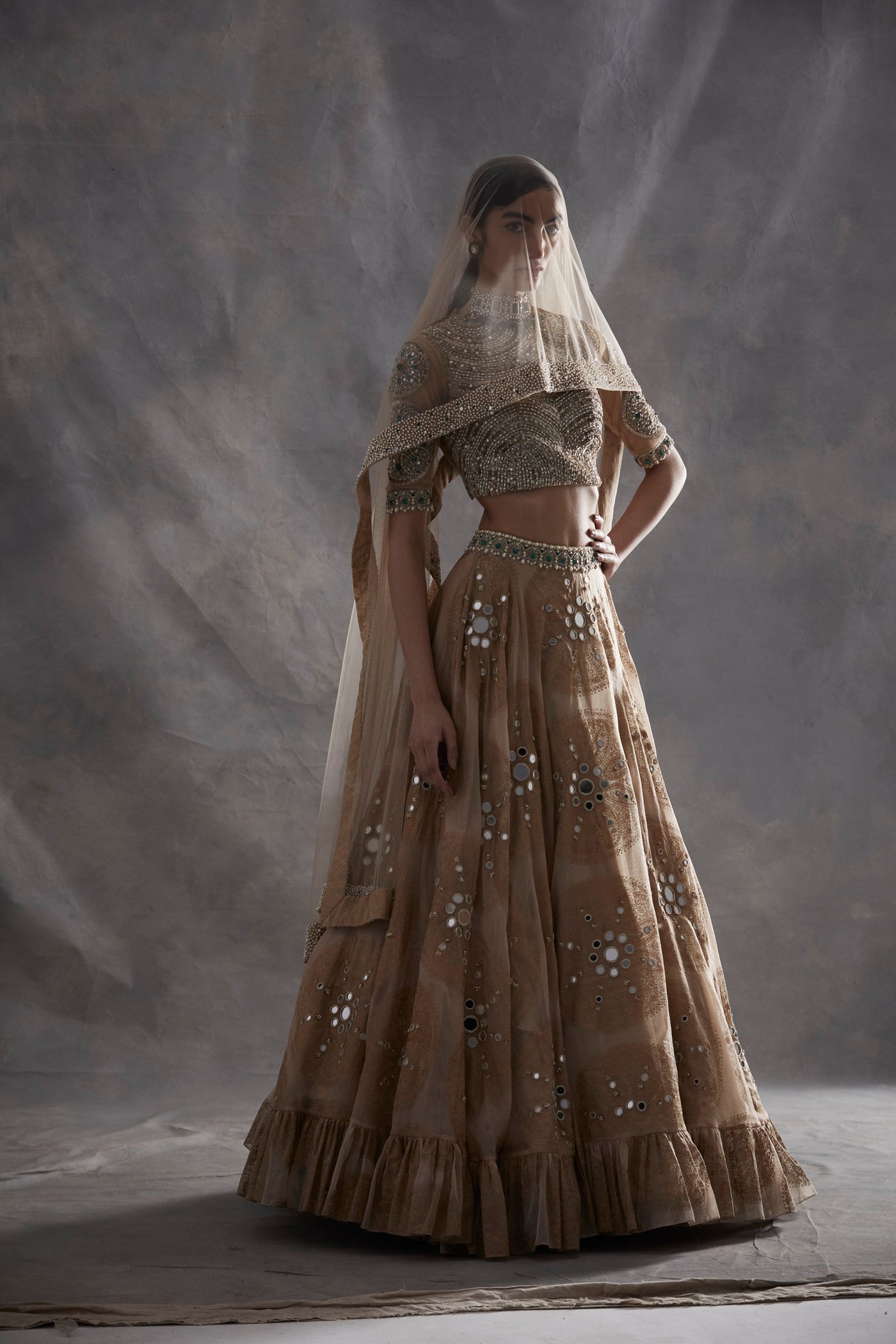 Beige Ambi Circle Print Lehenga Set