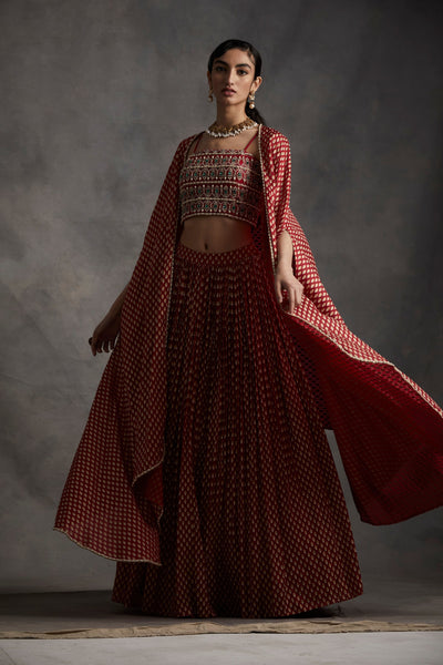 Red Bindu Print Cape Set
