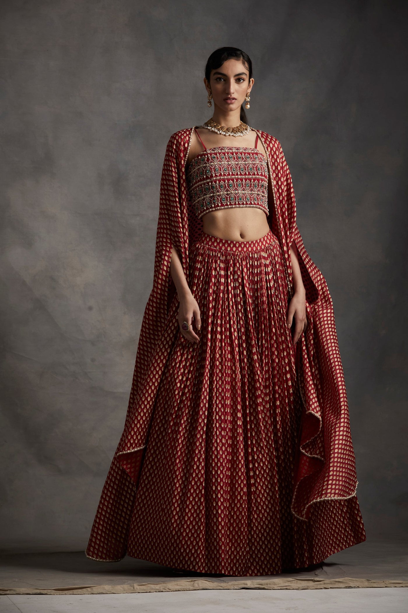 Red Bindu Print Cape Set
