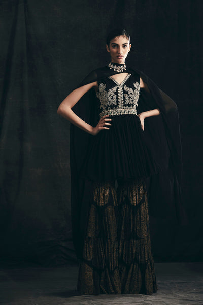 Black Embroidered Peplum & Sharara Set