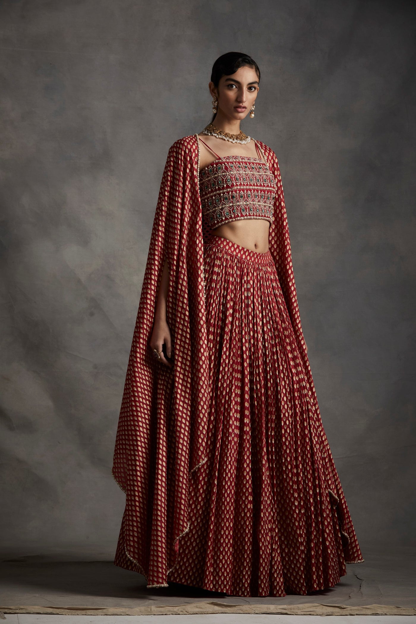 Red Bindu Print Cape Set