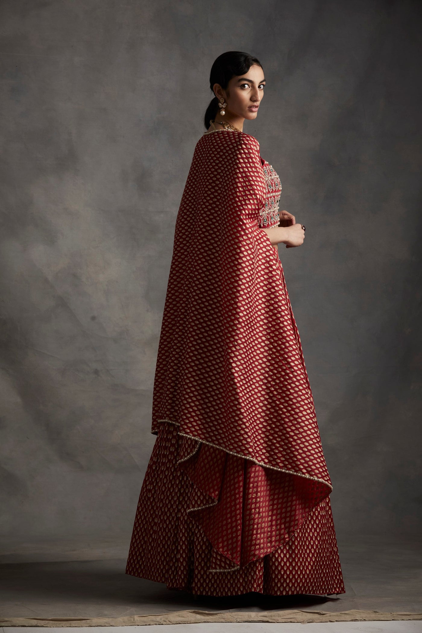 Red Bindu Print Cape Set