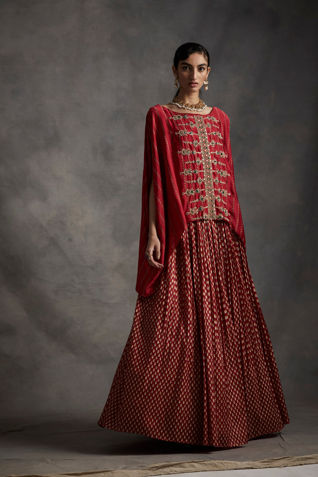 Red Kaftan & Bindu Print Skirt