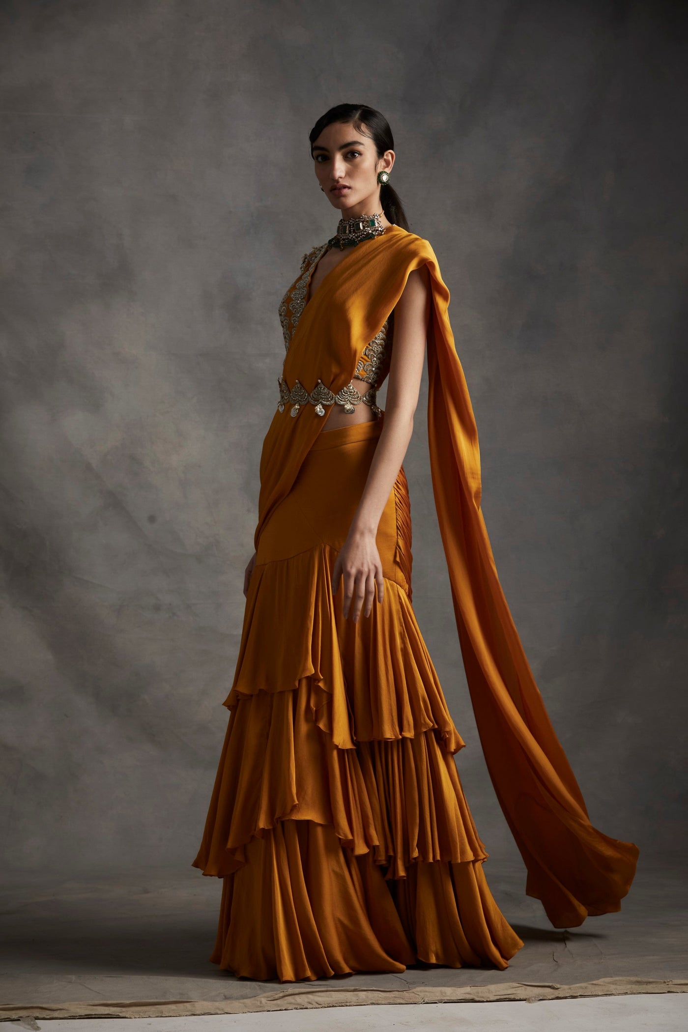 Haldi Belted Layered Saree