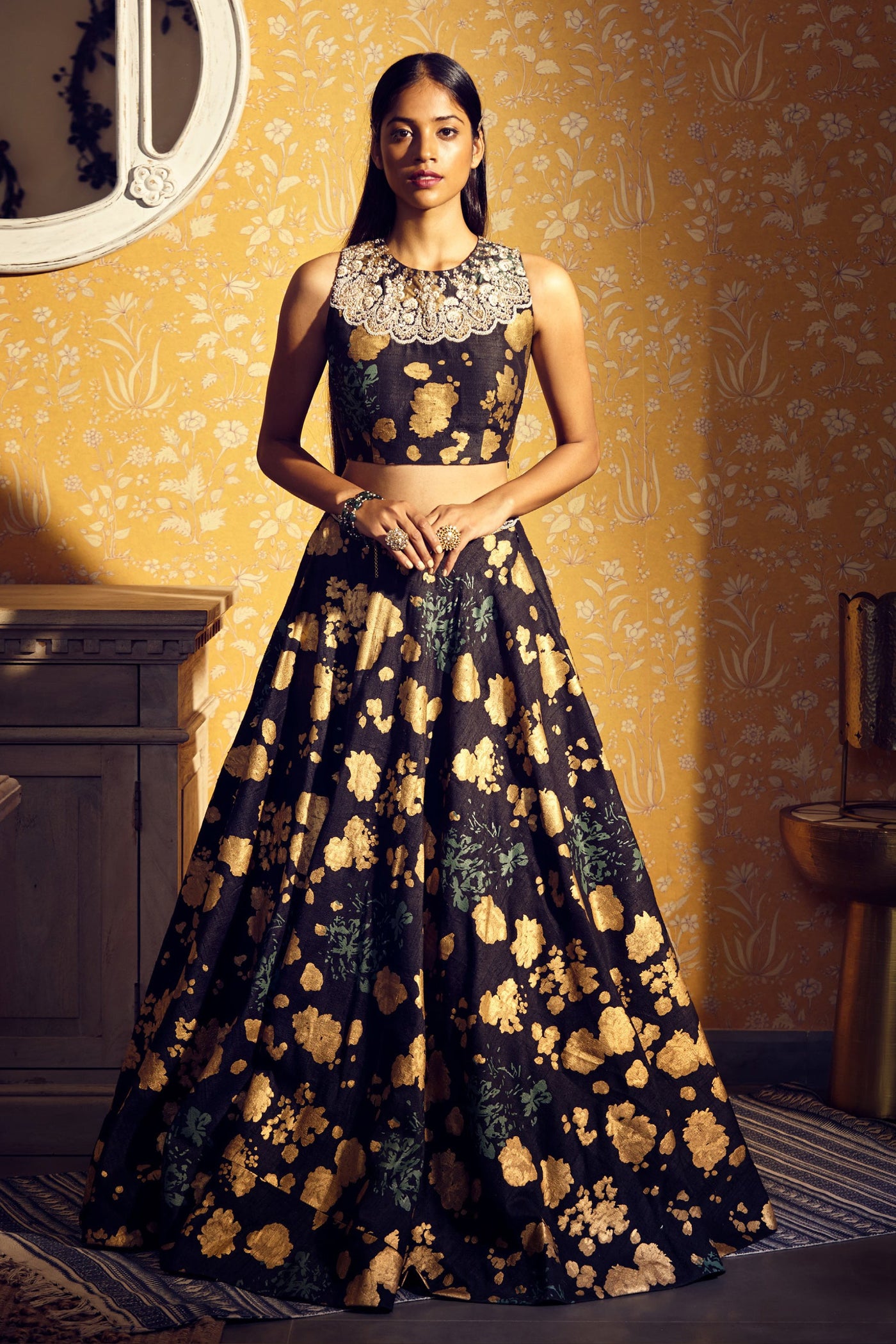 Black Gold Foil Print Lehenga Set