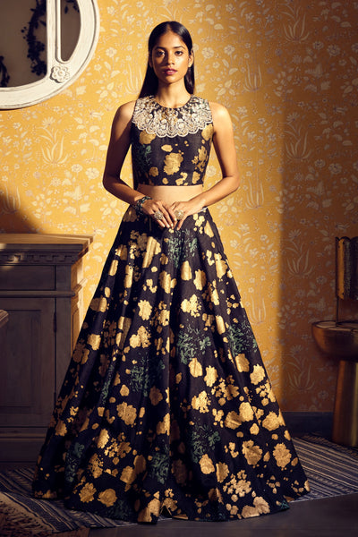 Black Gold Foil Print Lehenga Set