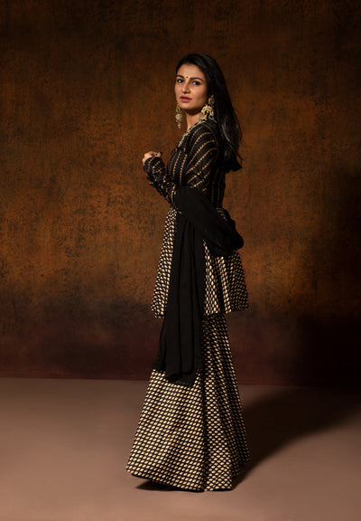 Black Chanderi Peplum Kurta Set