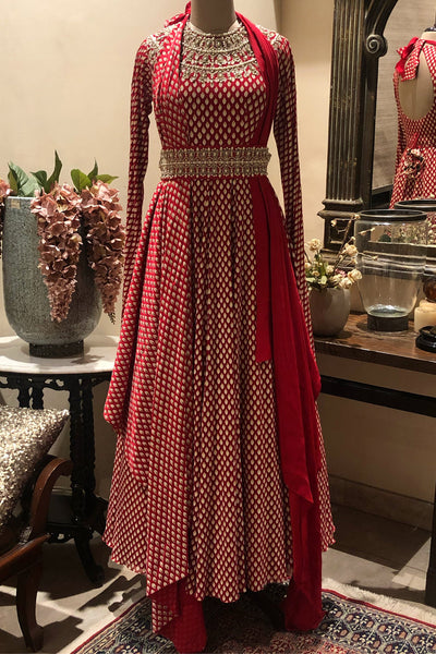 Red Bindu Anarkali With Draped Dupatta & Pearl Work Belt