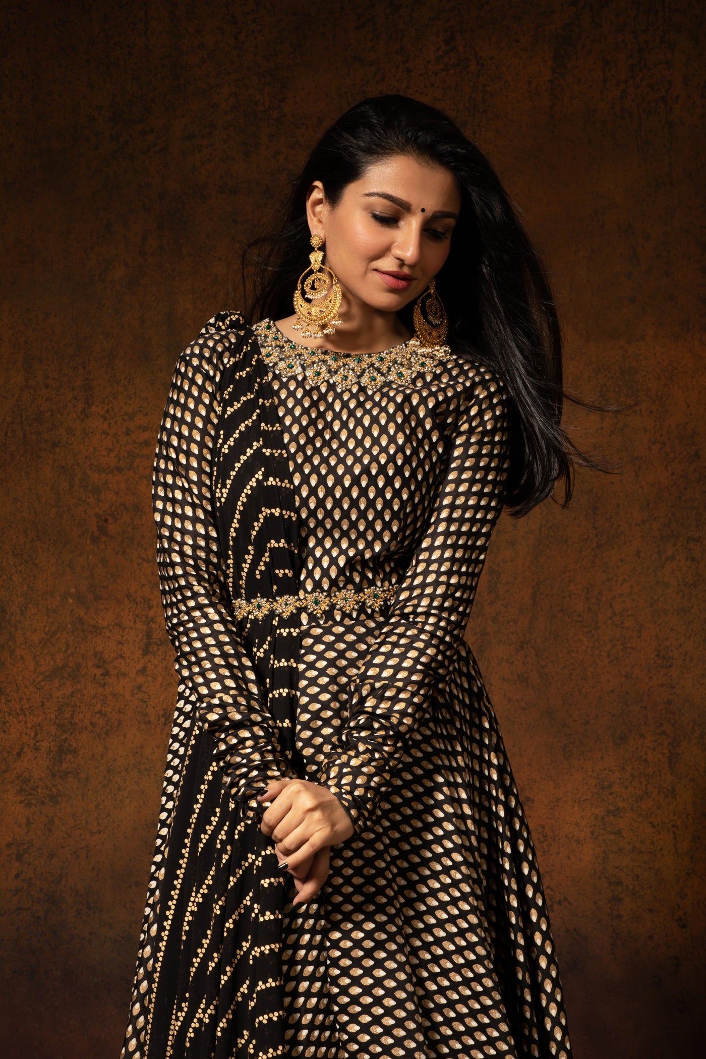 Black Bindu Print Chanderi Anarkali