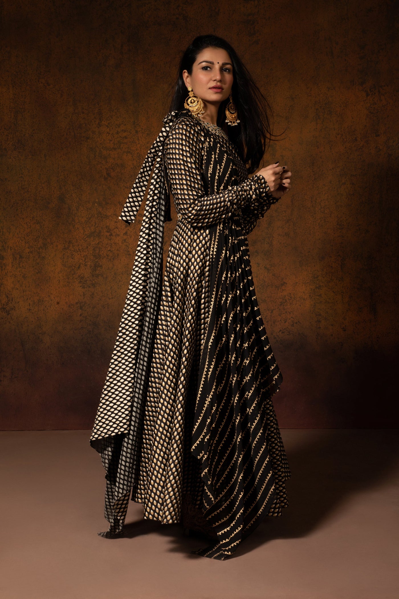 Black Bindu Print Chanderi Anarkali