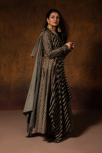 Black Bindu Print Chanderi Anarkali