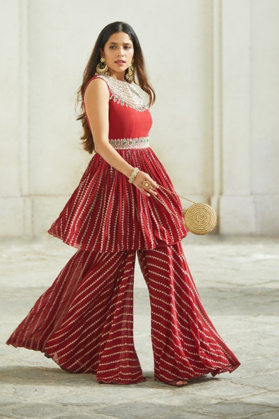 Red Nukta Print Peplum Set