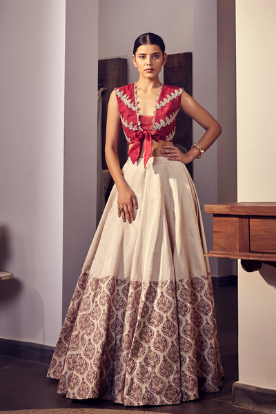 Rose Pink Blouse with an Ivory Skirt