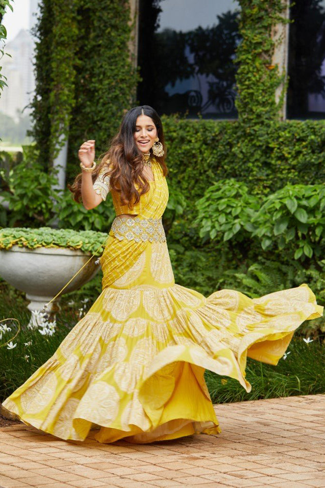 Yellow Circle Print Saree